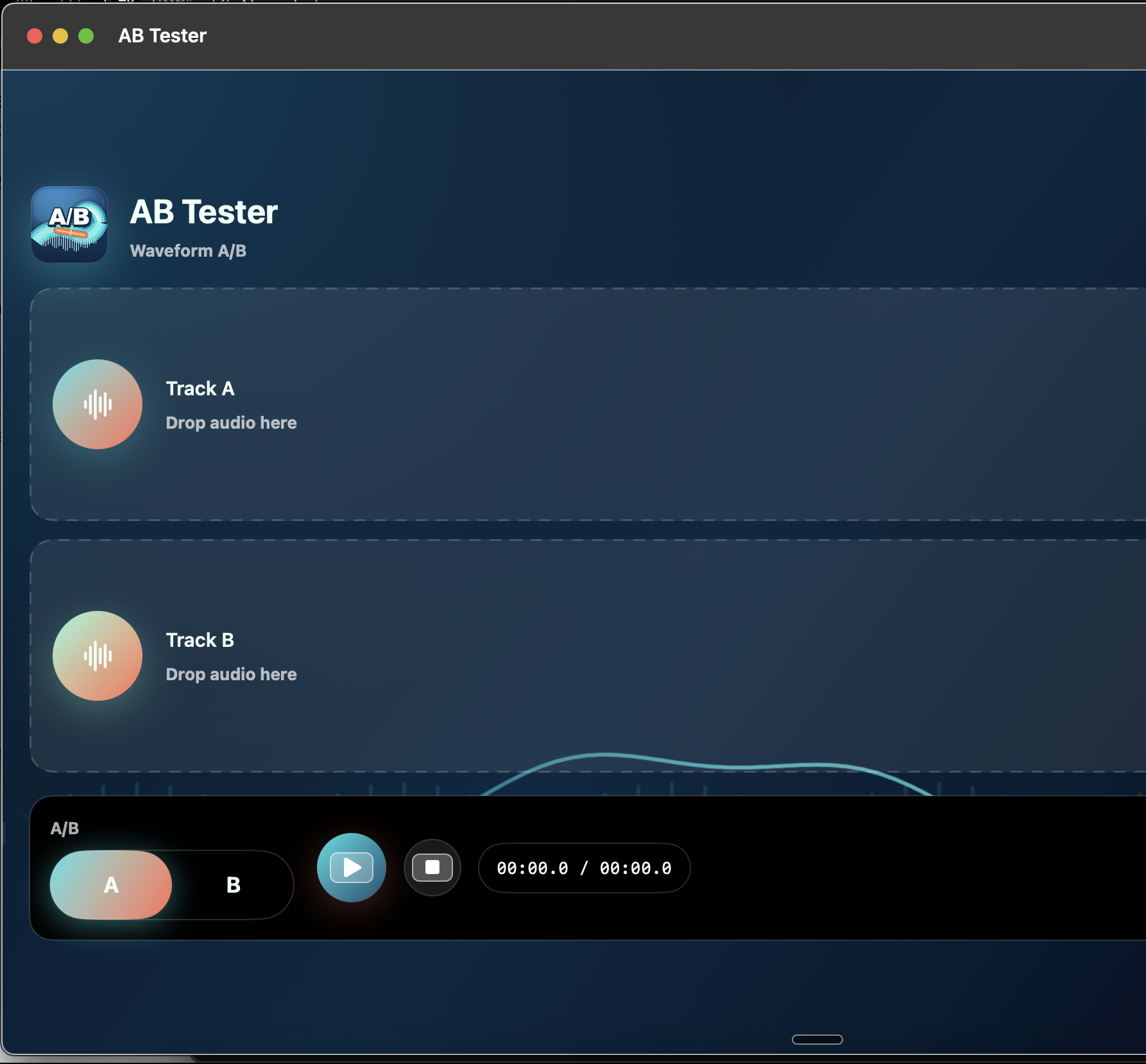 AB Tester macOS window showing two audio drop zones, an A/B switch, and transport controls.